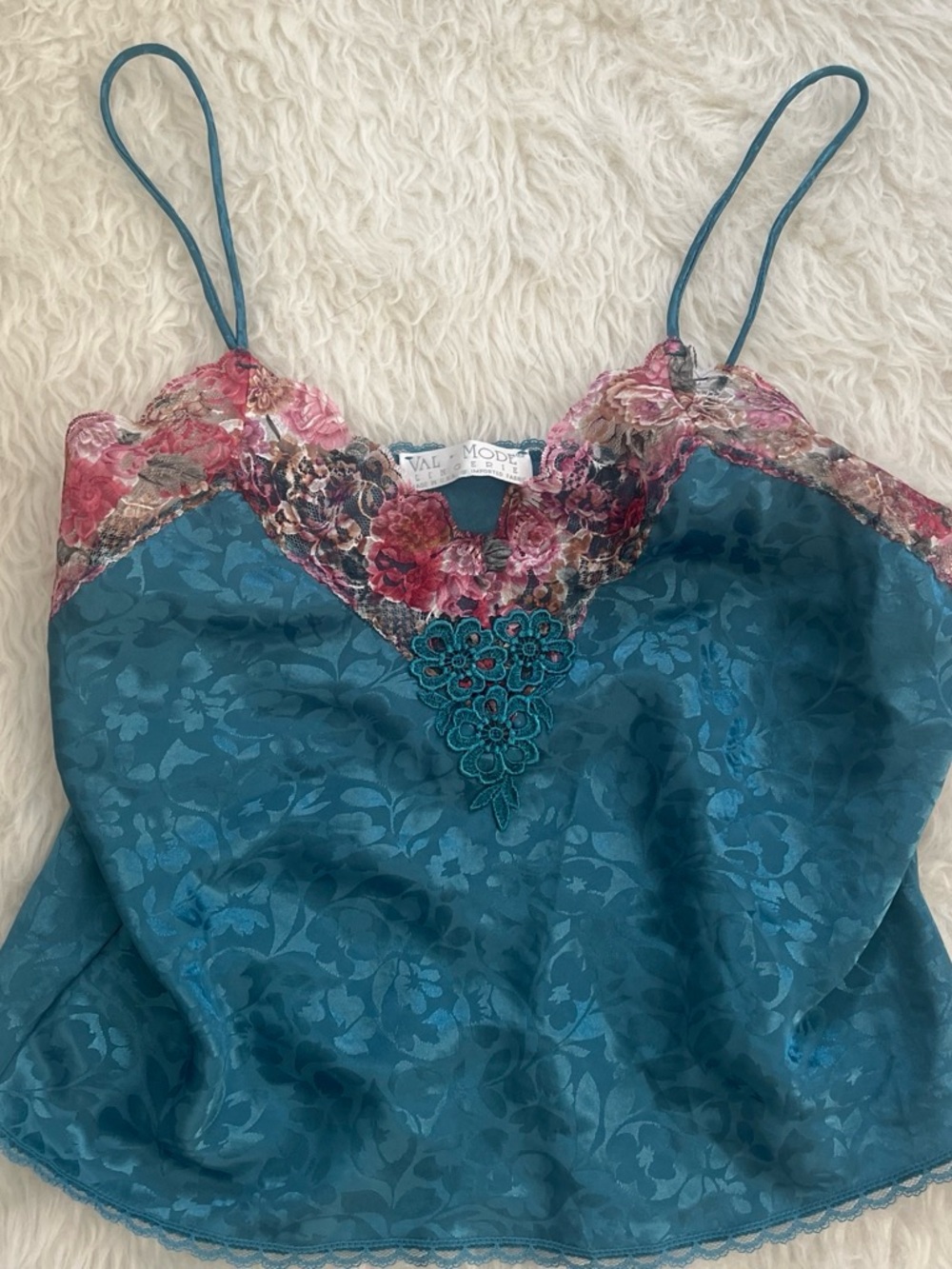 90’s y2k Val Mode Teal Floral Lace Camisole Chemise new